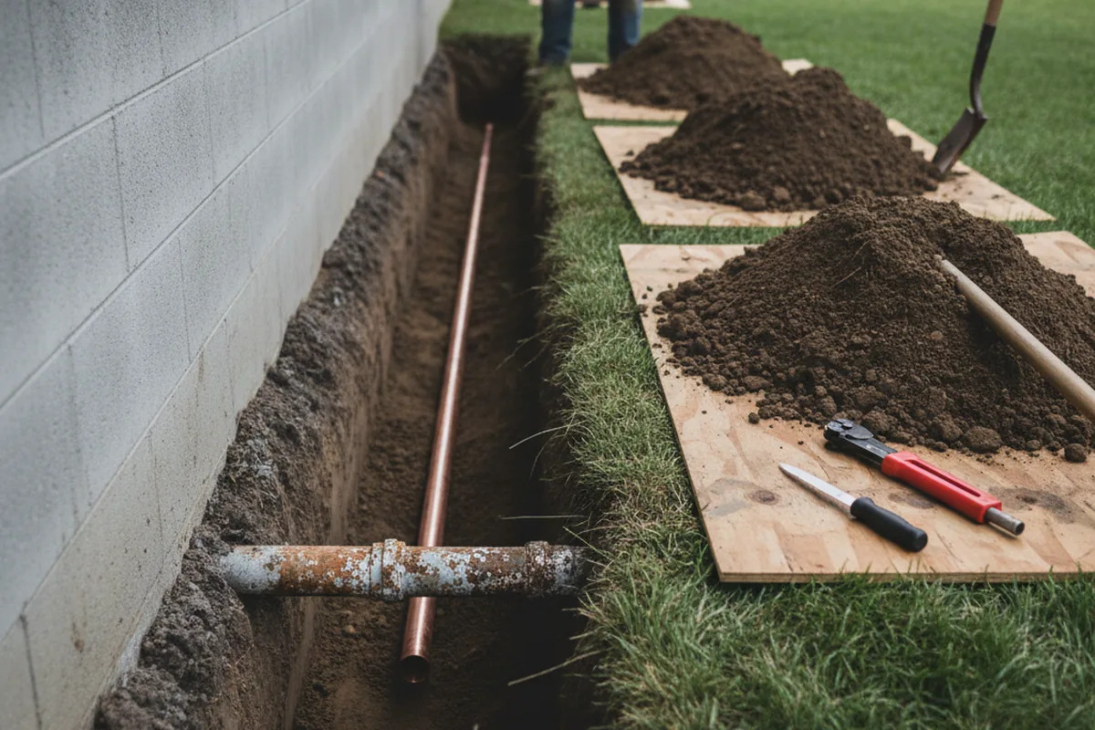 Excavated water line trench during Sewer Line Repair in Elverson